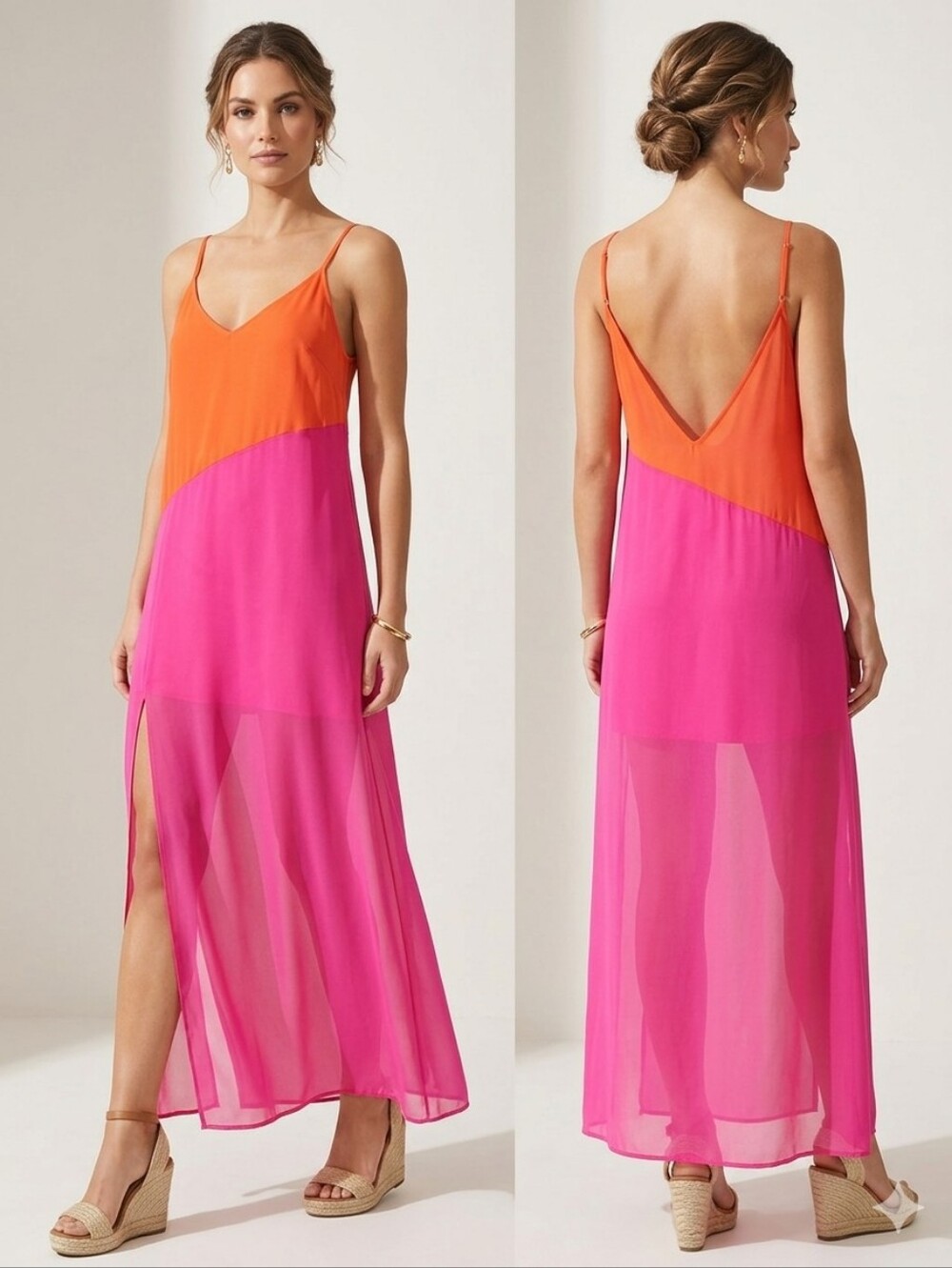 LULUS COLOR BLOCKING SIDE SLIT SHEER MAXI SLIP ON DRESS SIZE MEDIUM